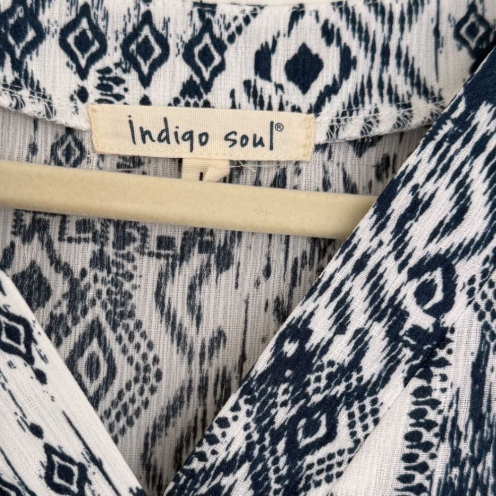 Indigo Soul Women's Midi Summer Dress Large Aztec Blue White Artsy Boho Coastal - Picture 10 of 13